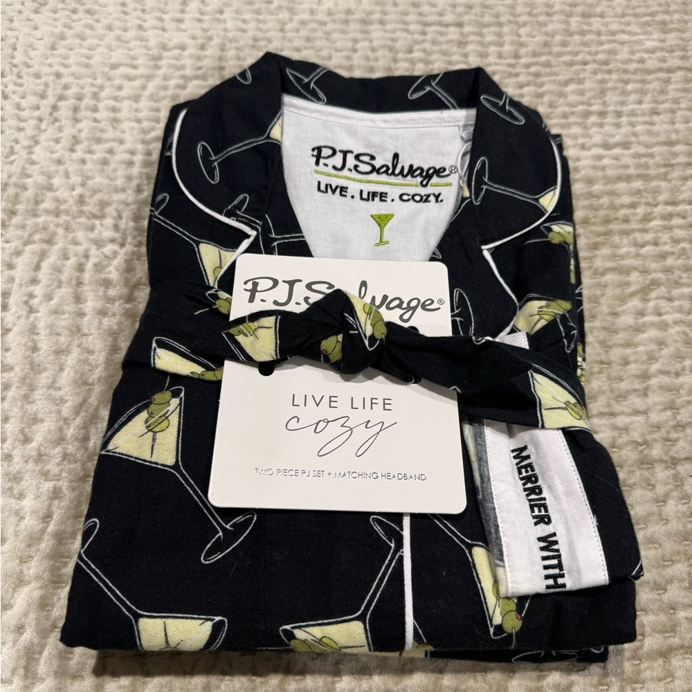 NWT - P.J. Salvage Black Pajamas & matching headband in Martini Print